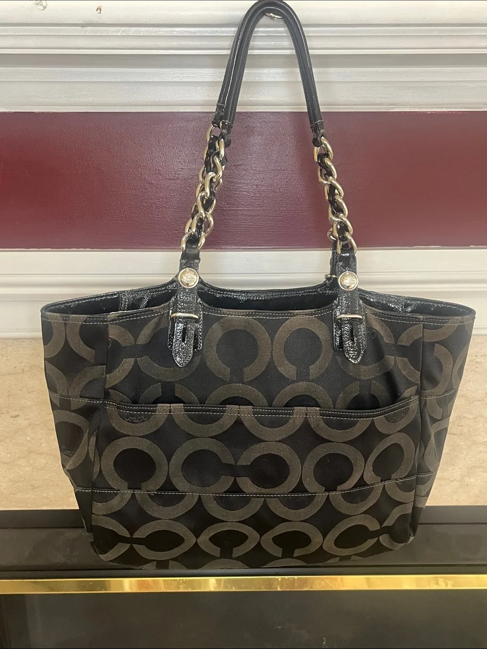 Coach Madison Tribeca Tote from Op Art Collection black & gray monogram canvas